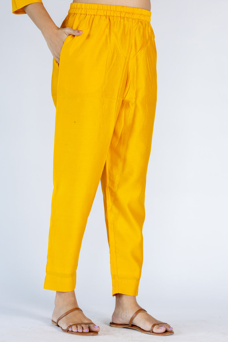Chanderi Narrow Pant with Drawstring-Yellow