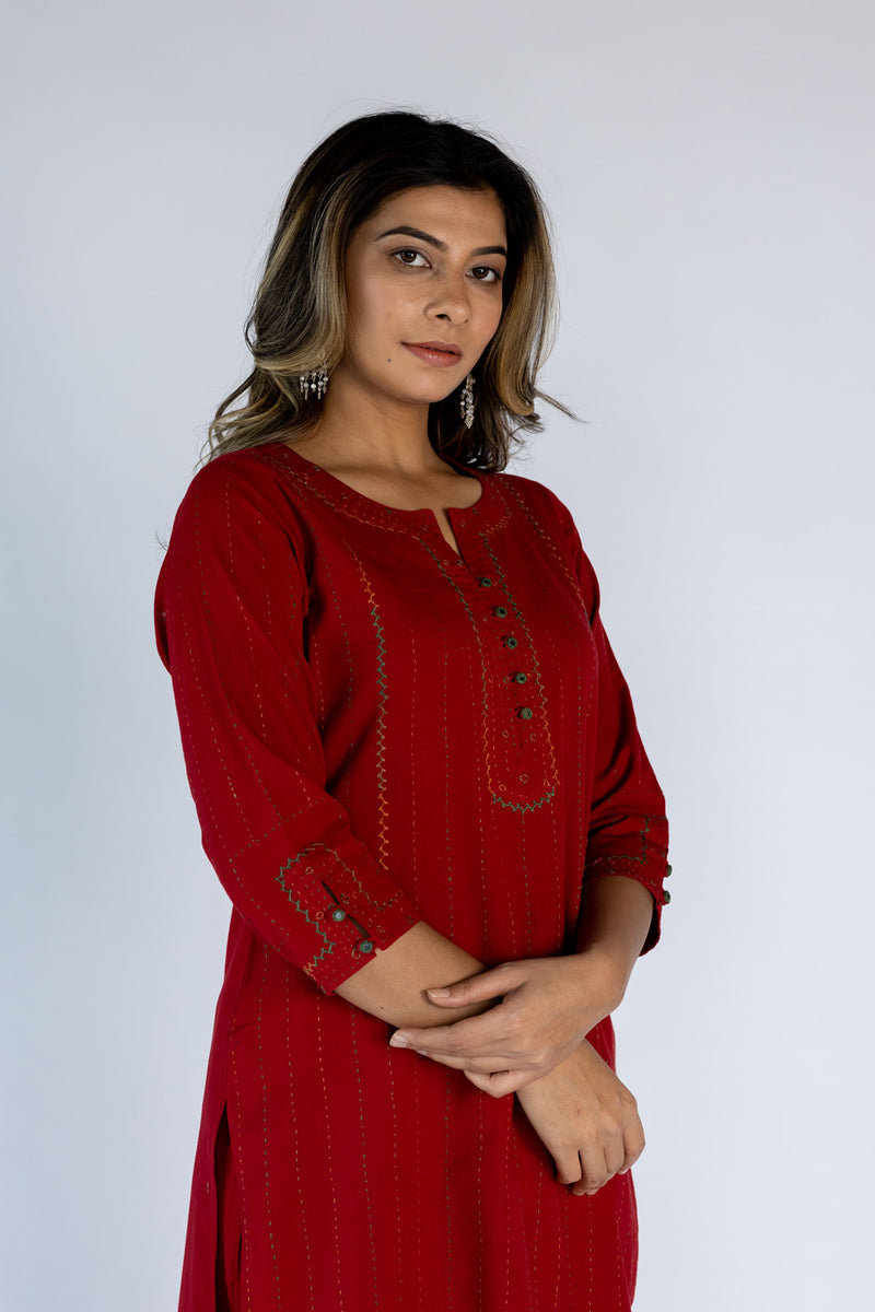 Cotton Hand Embroidered kurta- Red