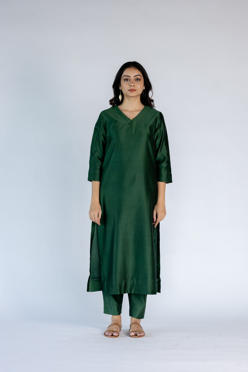 Chanderi V Neck Straight  Kurta-Jade Green