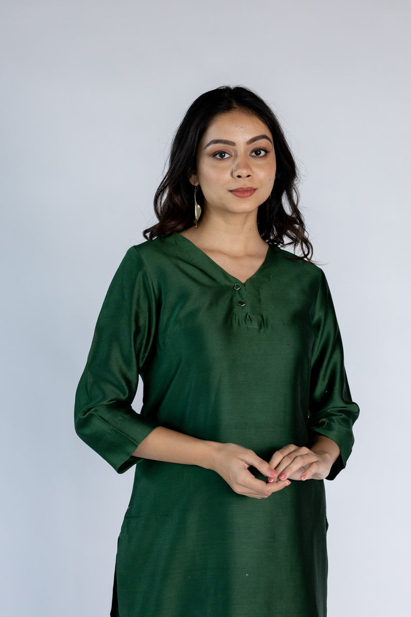 Chanderi V Neck Straight  Kurta-Jade Green