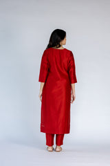 Chanderi V Neck Straight  Kurta-Red