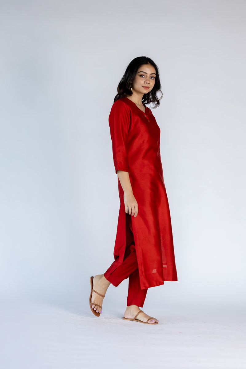 Chanderi V Neck Straight  Kurta-Red