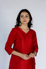 Chanderi V Neck Straight  Kurta-Red