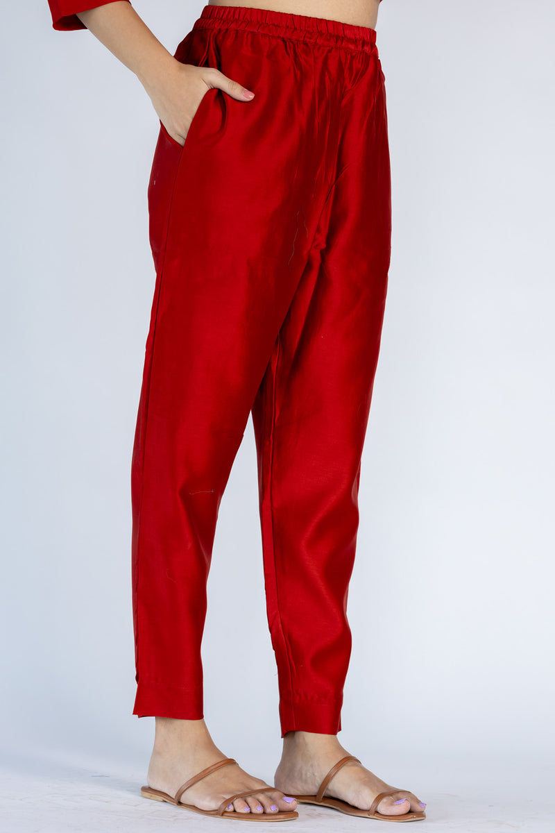 Chanderi Narrow Pant with Drawstring-Red