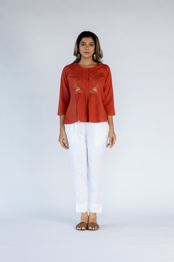 Cotton Hand Embroidered Top-Red