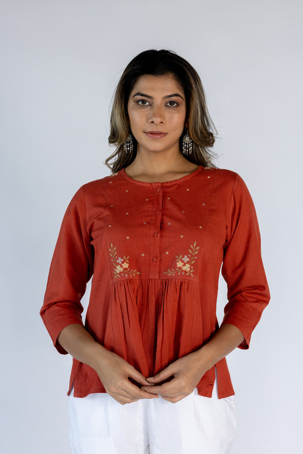 Cotton Hand Embroidered Top-Red