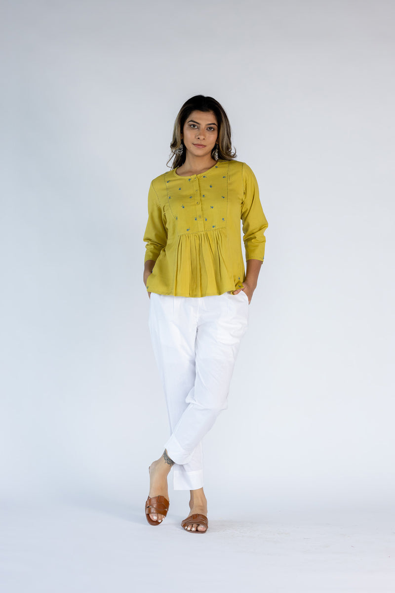 Cotton Hand Embroidered Top- Lemon Yellow