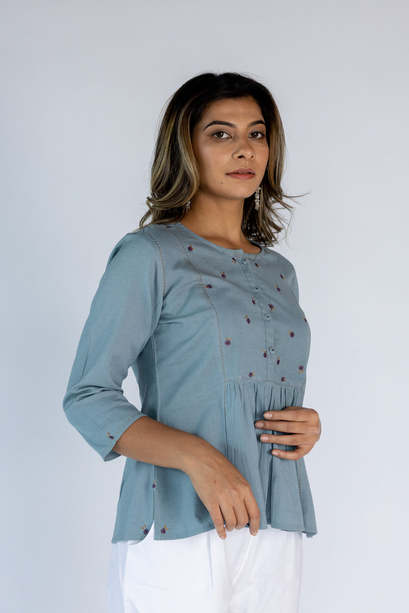 Cotton Hand Embroidered Top- Slate Blue
