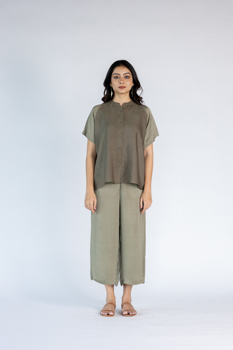 Co-ord Set with Culottes and Round Neck Top- Olive Green