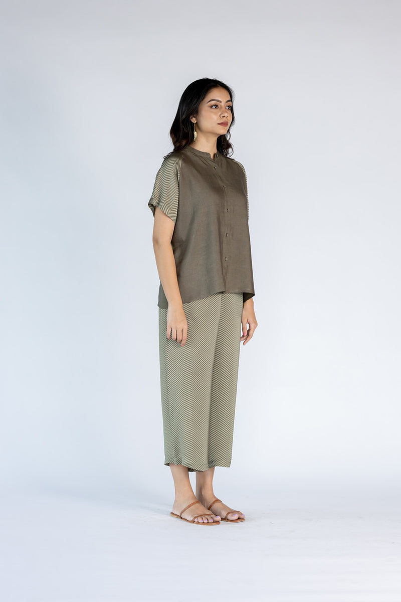 Co-ord Set with Culottes and Round Neck Top- Olive Green