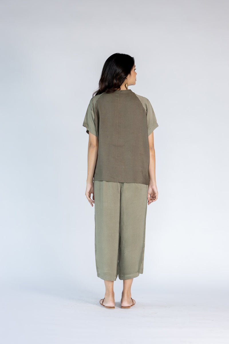 Co-ord Set with Culottes and Round Neck Top- Olive Green