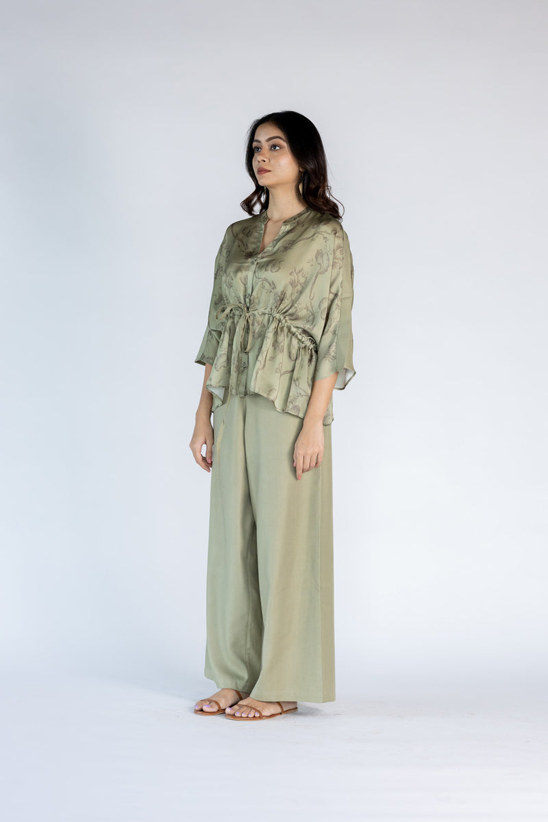 Co-ord Set with Pants and Drawstring Top- Olive Green