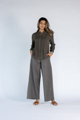 Co-ord Set with Pleated Shirt and Pants- Charcoal