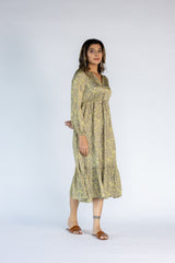 Vegan Silk Round Neck Long Dress -  Sage Green