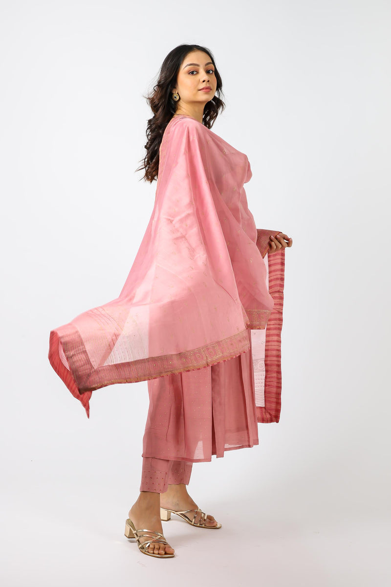 Chanderi Hand Block Printed Kurta With Sequins Hand Work - Peach Pink