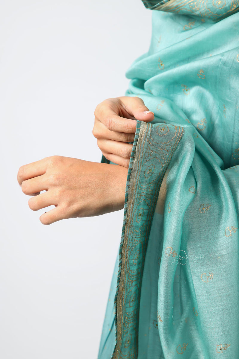 Chanderi Hand Block Printed Dupatta With Sequins Hand Work - Slate Blue