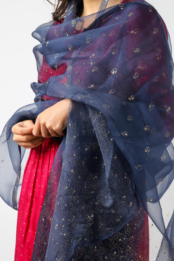 Organza Hand Block Printed Dupatta - Navy Blue