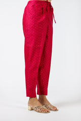 Chanderi Hand Block Printed Narrow Pant With Draw String Waist Band - Rani Pink