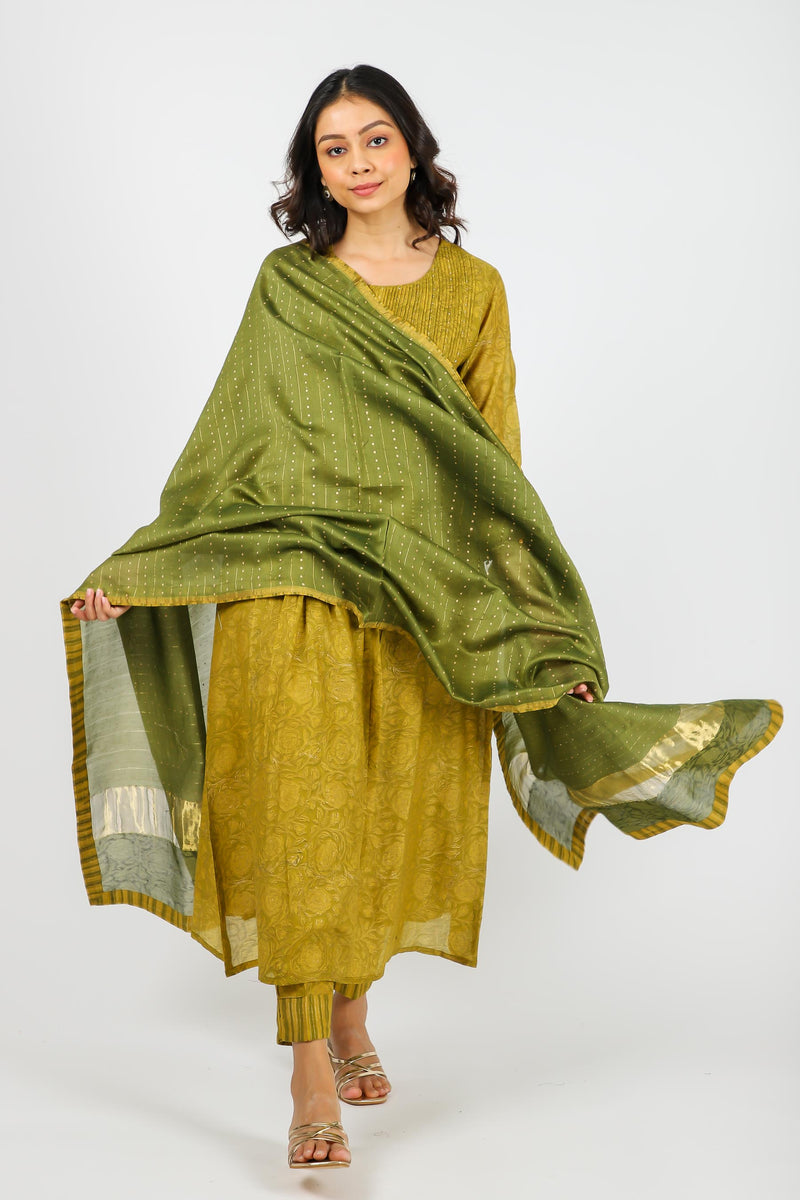 Chanderi Hand Block Printed Kurta With Sequins Hand Work - Olive Green
