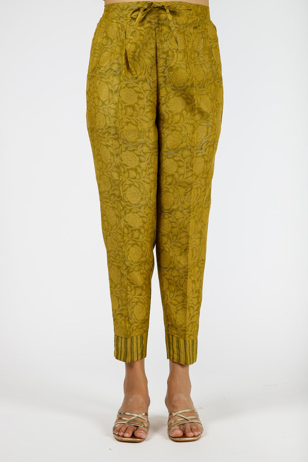 Chanderi Hand Block Printed Narrow Pant With Draw String Waist Band - Olive Green