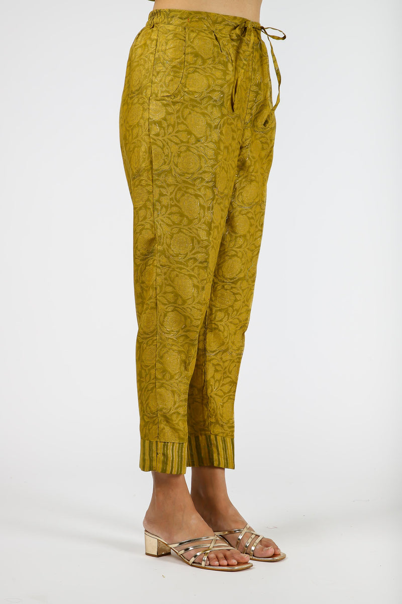 Chanderi Hand Block Printed Narrow Pant With Draw String Waist Band - Olive Green