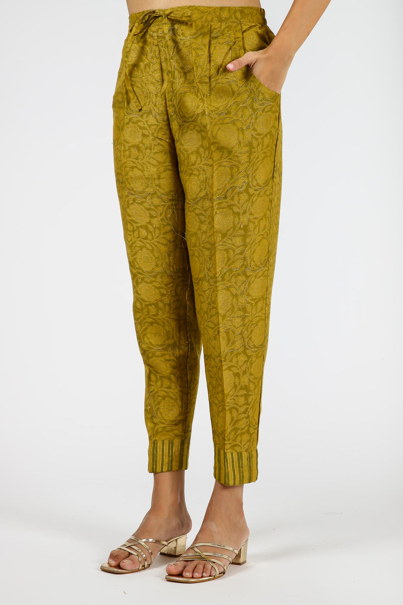 Chanderi Hand Block Printed Narrow Pant With Draw String Waist Band - Olive Green