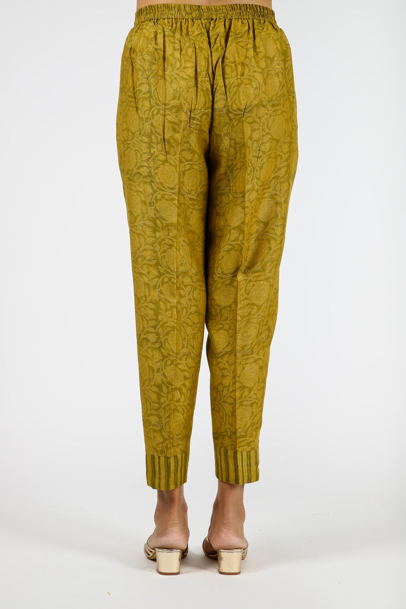 Chanderi Hand Block Printed Narrow Pant With Draw String Waist Band - Olive Green