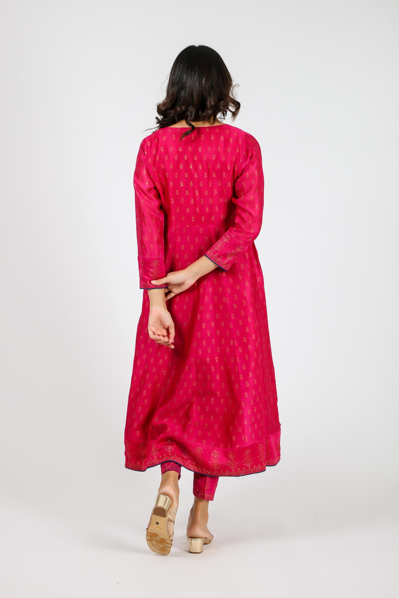 Chanderi Hand Block Printed Kurta With Sequins Hand Work -Rani Pink