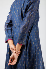 Chanderi Hand Block Printed Kurta With Sequins Hand Work -Navy Blue
