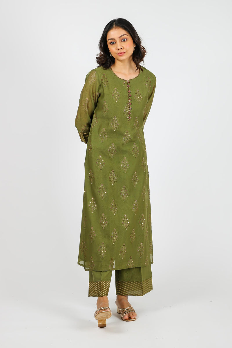 Chanderi Hand Block Printed Kurta With Sequins Hand Work -Olive Green