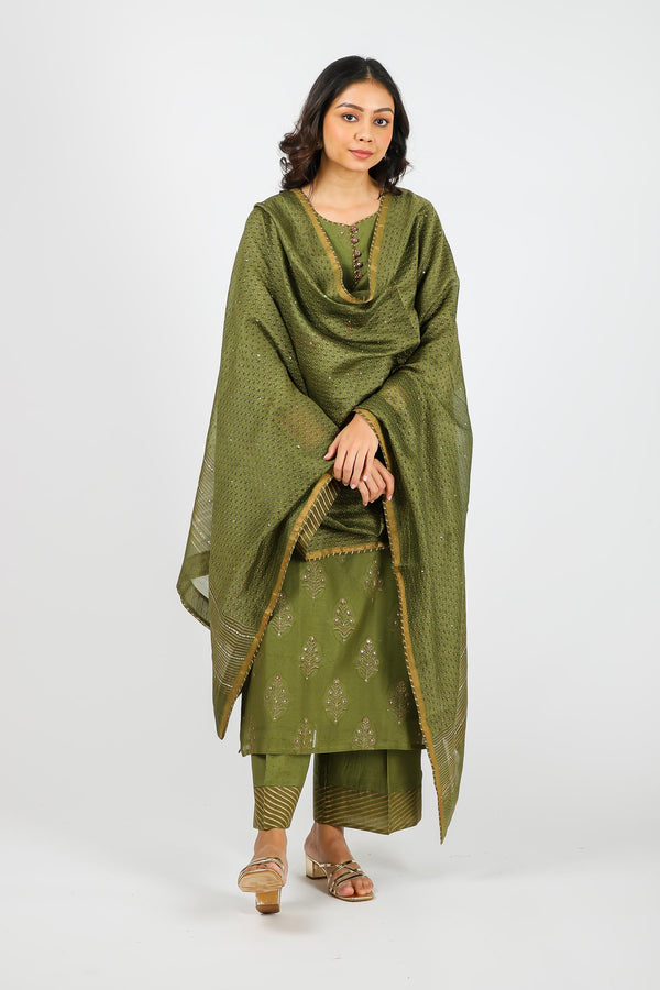 Chanderi Hand Block Printed Dupatta With Sequins Hand Work - Olive Green