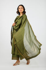 Chanderi Hand Block Printed Dupatta With Sequins Hand Work - Olive Green