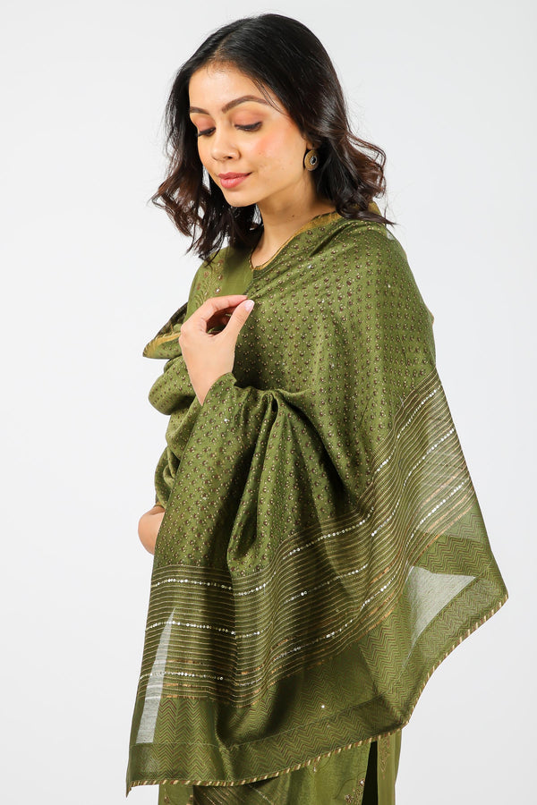 Chanderi Hand Block Printed Dupatta With Sequins Hand Work - Olive Green