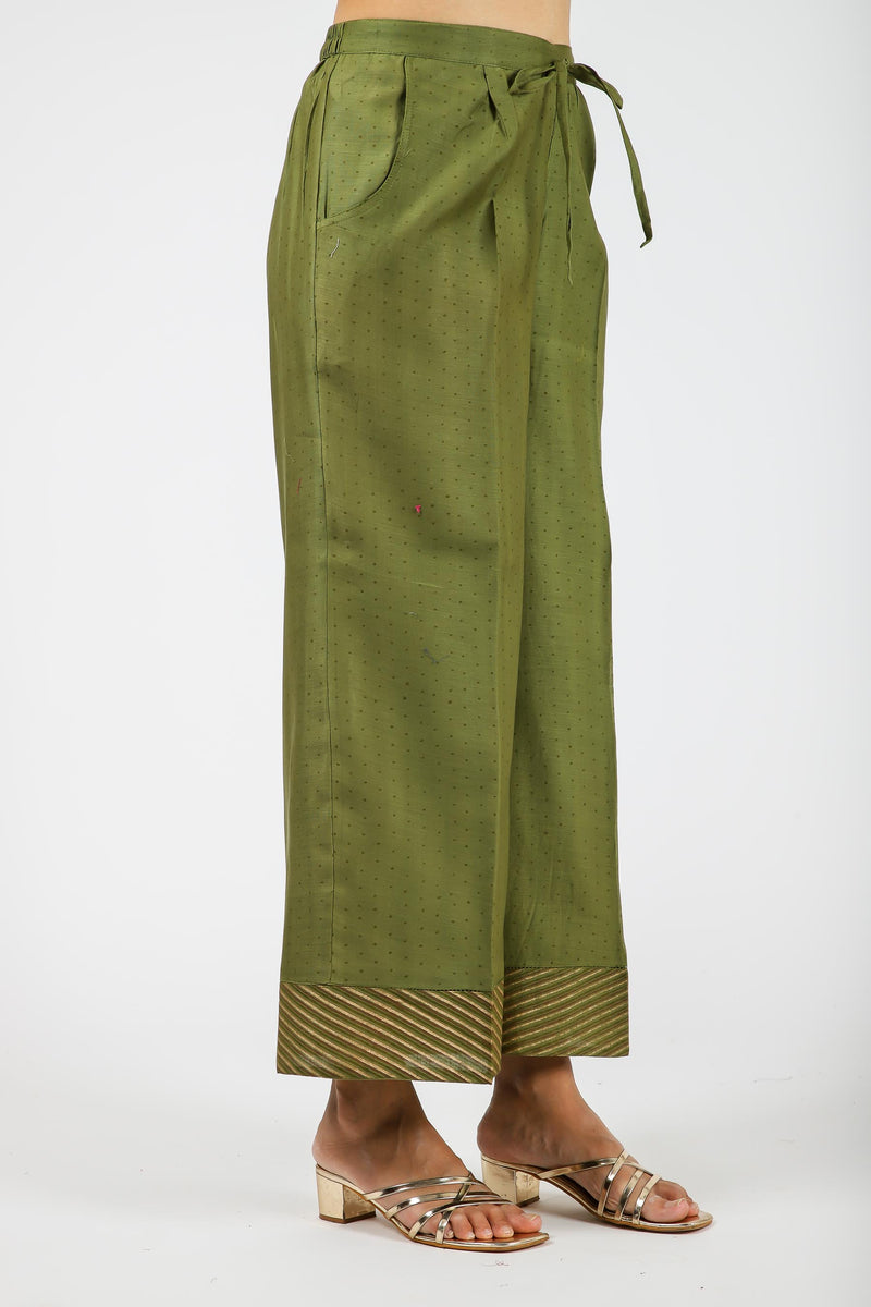 Chanderi Hand Block Printed parallel With Draw String Waist Band - Olive Green