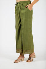 Chanderi Hand Block Printed parallel With Draw String Waist Band - Olive Green