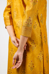 Chanderi Hand Block Printed Kurta With Sequins Hand Work -Mustard Yellow