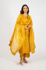 Chanderi Hand Block Printed Kurta With Sequins Hand Work -Mustard Yellow