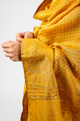 Chanderi Hand Block Printed Dupatta With Sequins Hand Work - Mustard Yellow