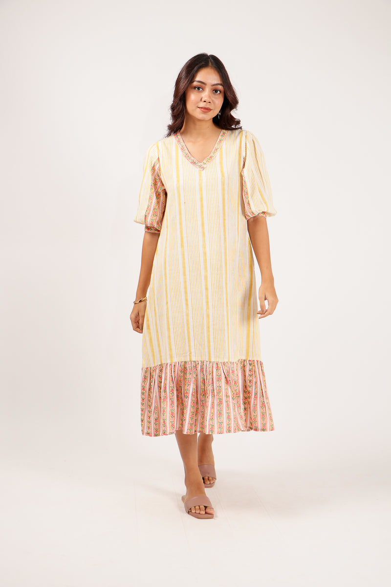 Kala Cotton Dress With Puff Sleeves - Yellow