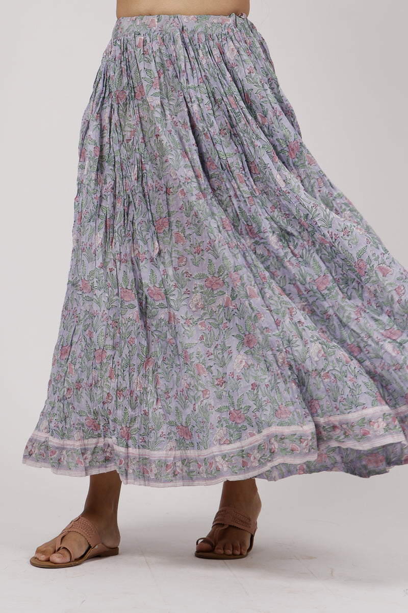 Cotton Hand Block Printed Gathered Skirt - Lavender