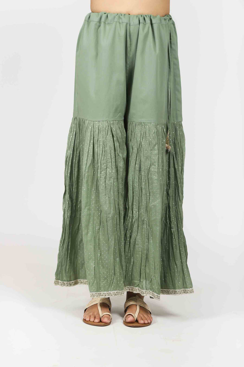 Cotton Sharara Embellished  With Gota Trims Draw String Waist Band - Pista Green