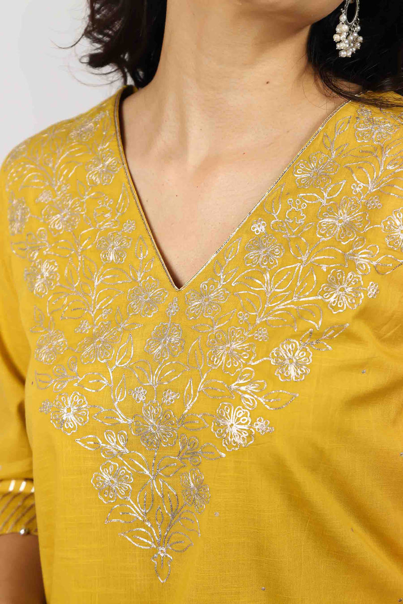 Cotton Pittan Work Embellished With Gota Trims Straight Kurta - Yellow