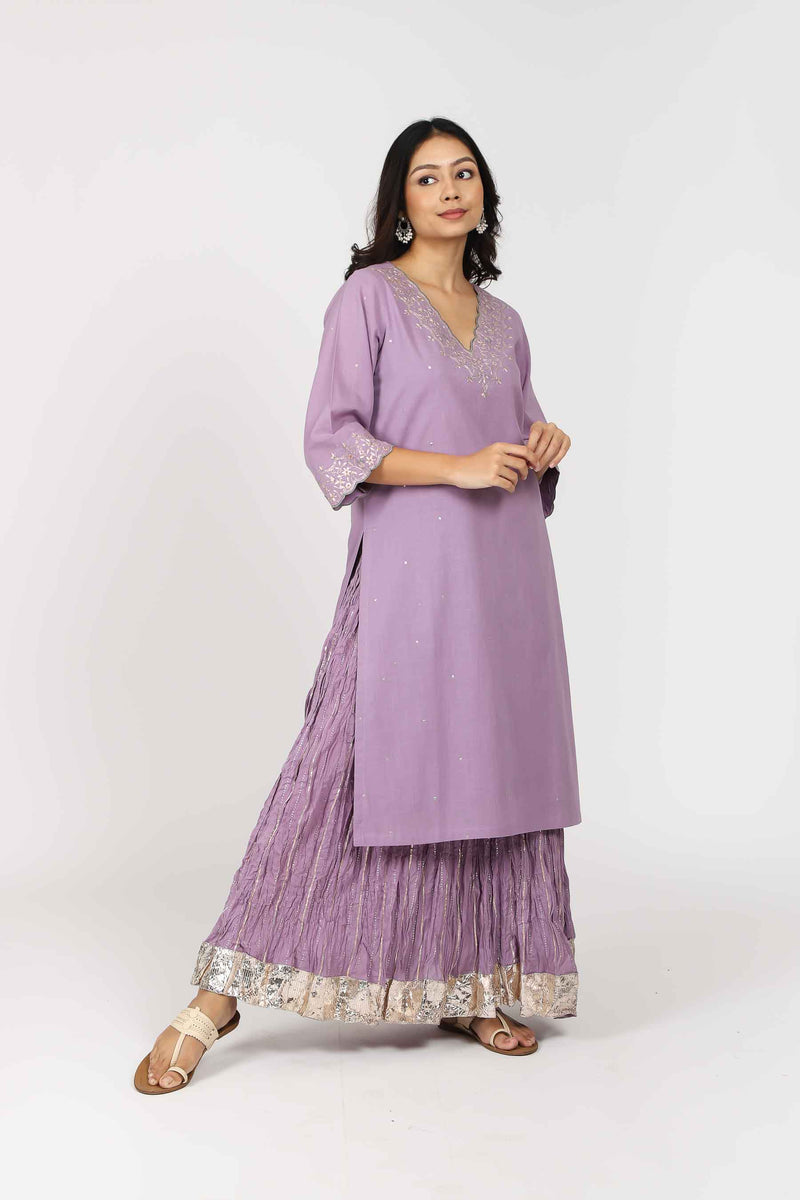 Cotton Pittan Work Embellished With Gota Trims Straight Kurta - Purple