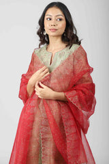 Organza Hand Block Printed Dupatta - Red