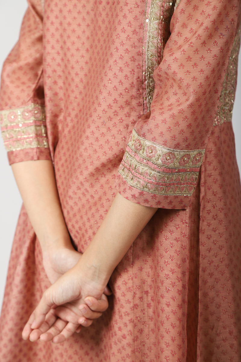 Chanderi Hand Block Printed A Line Kurta Embellished With Zardozis And Sequins Work - Peach