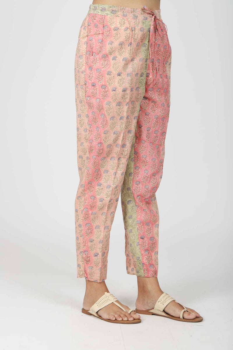 Chanderi Hand Block Printed Narrow Pant With Draw String Waist Band - Peach