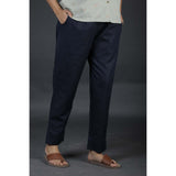 Cotton Linen Elasticated Waist Pants - Navy Blue