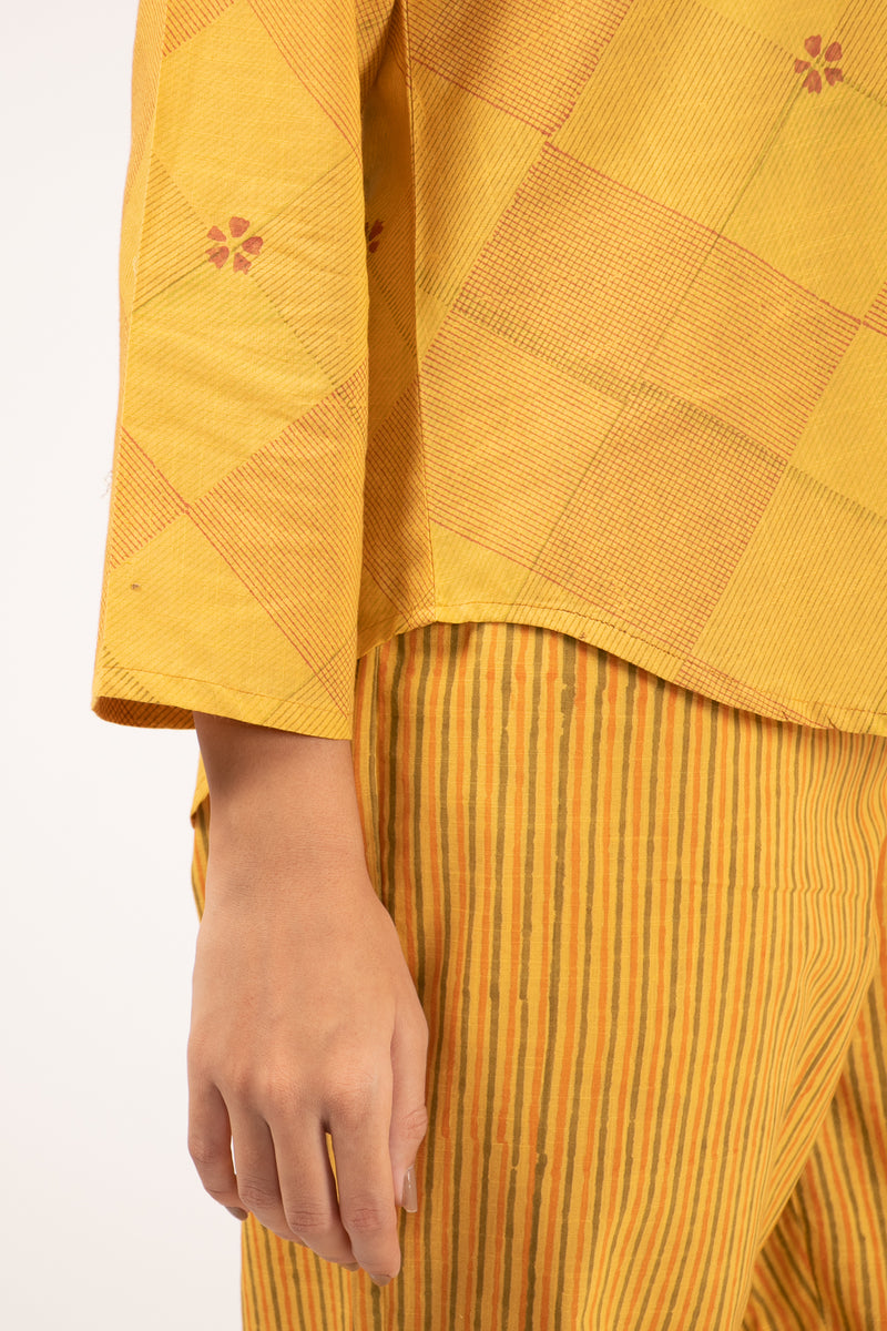 Cotton Slub Hand Block Printed V Neck Tunic - Mustard Yellow