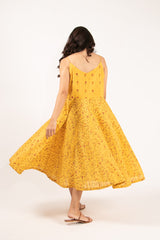 Cotton Slub Hand Block Printed A Line Cami Dress - Mustard Yellow