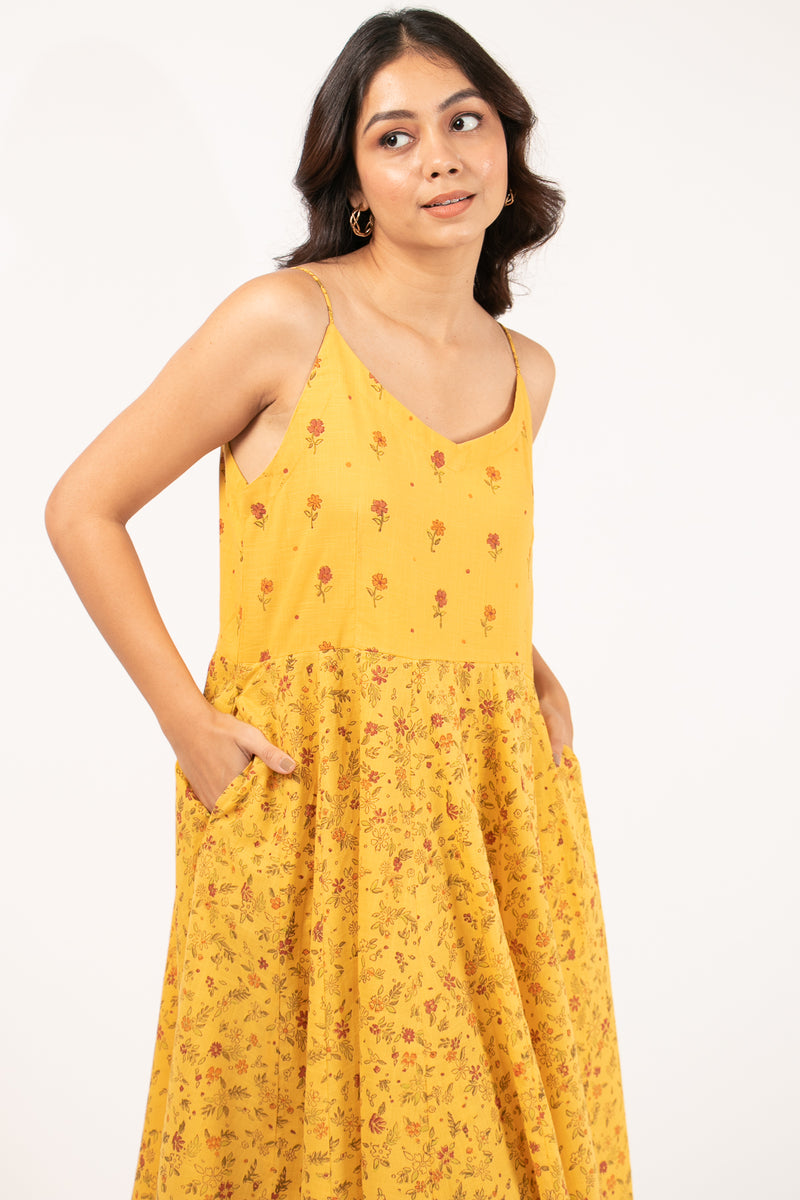 Cotton Slub Hand Block Printed A Line Cami Dress - Mustard Yellow